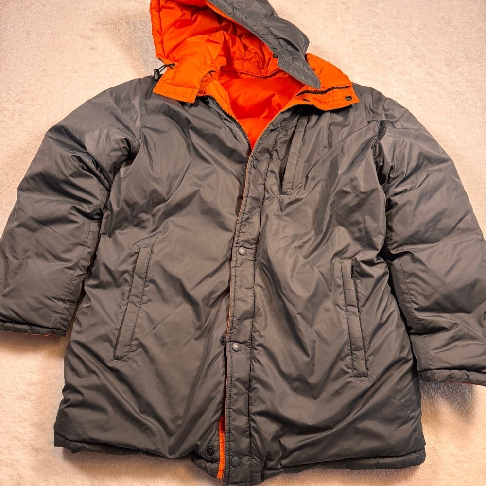 Lands End Mens Goose Down Puffer Parka Jacket Gray‎ Orange Hooded Medium 38-40